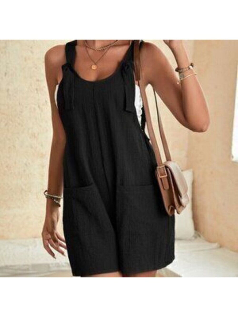 Black Casual Women's Knot Front Pocket Patched Overall Romper Without Tube Top